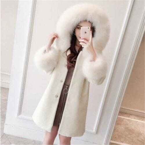 New Classic Imitation Fur Collar Hooded Women Coat White Pink Mid-length Jacket Faux Fur Fur Coat Warm Winter Women Clothing