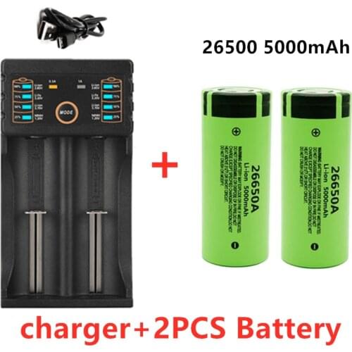 100% Original high quality 26650 battery 5000mAh 3.7V 50A lithium ion rechargeable battery for 26650A LED flashlight+charger