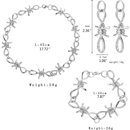 3Pcs Vintage Silver Punk Gothic Barbed Wire Brambles Chokers Necklace Bracelet Earrings Jewelry Set Men Women Jewerly E56A