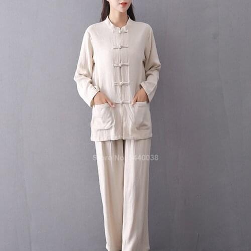 Cotton Linen Traditional Chinese Tops for Women Vintage Tang Suit Tai Chi Uniform Long Sleeve Jacket Trousers Kungfu Suit