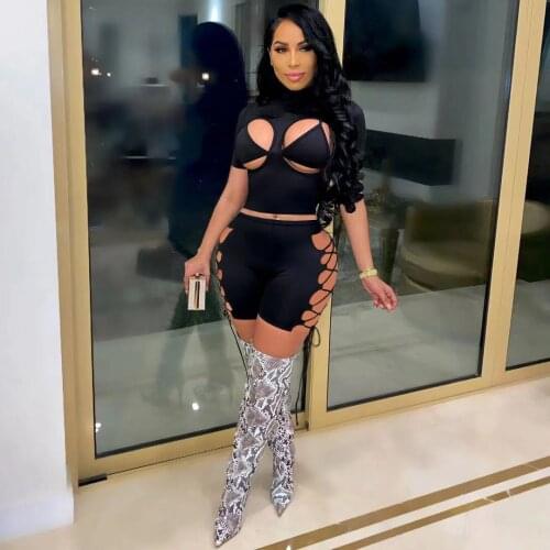 Echoine 3 Pcs Hollow Out Crop Top Short Sleeve Tshirt Bra and Bandage Shorts Party Clubwear Skinny Bodycon Matching Set Outfits