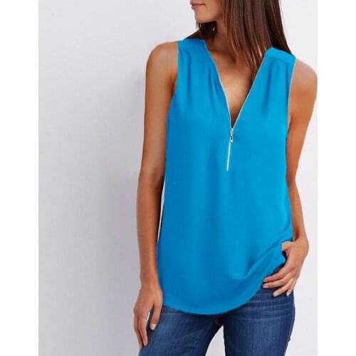 Summer Chiffon Shirt V-neck Zipper Sleeveless Loose Shirt Blusas Mujer De Moda 2021 Thin Plus Size Clothing