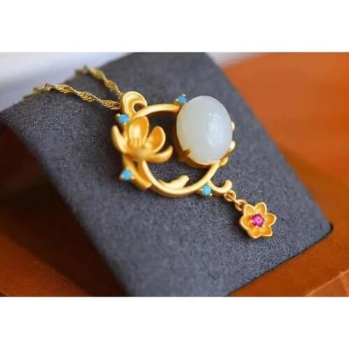 Lotus Gold Inlaid with Jade Silver Necklace Series Value Hetian Jade White Jade Egg Surface Exquisite Small Pendant Pendant