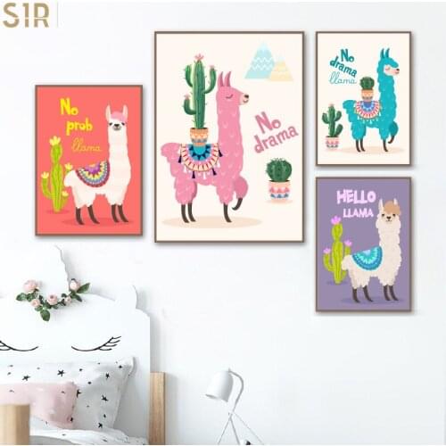 Cartoon camel and cactus canvas painting nursery decoration prints and posters cute animal alpaca pictures baby room wall decora