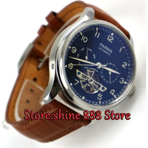 43mm Parnis watch power reserve black dial date Automatic Self-Wind Mens watch