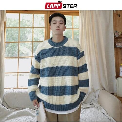 LAPPSTER Men Striped Harajuku Knitted Sweater 2021 Mens Oversized Korean Fashion Pullovers Male Vintage Y2k Patchwork Sweaters