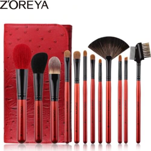 Zoreya Brand 12pcs Goat Hair Makeup Brush Set Soft Wool Fiber Cosmetic Kit Tools Animal Natural Concealer Blending Brushes Bag