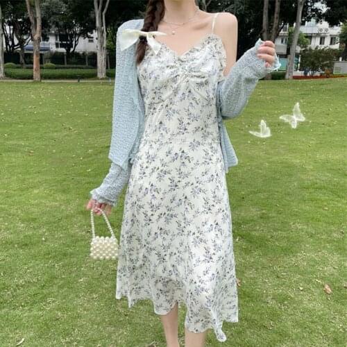 Mori Style Gentle First Love Lace Stringy Selvedge Versatile Small Cardigan Floral V-neck Strap Dress Womens Suit Summer