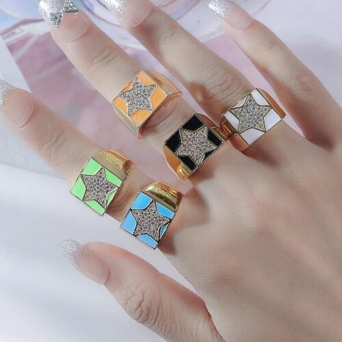 2021 New Gold Color Square Copper Rings Unisex Cute Enamel Rings Colorful Micro pave CZ Star Ring for Women Man Jewelry