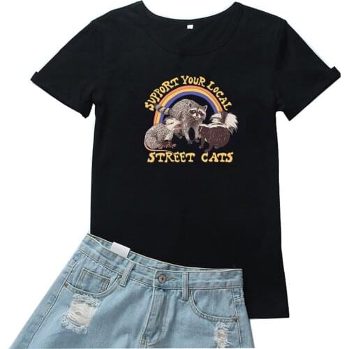 Support Your Local Street Cats T Shirt Women Kawaii Animal Pattern Tees Women Vintage Loose Camiseta Mujer O-neck Women T-shirts
