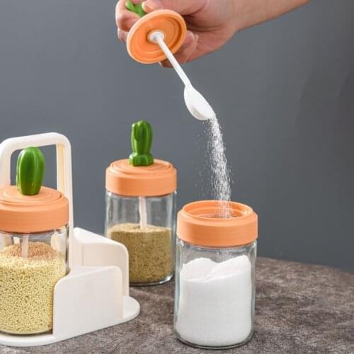 Transparent Glass Spice Jar With Cactus Lid And Spoon Seasoning Bottle For Salt Sugar Pepper Powder Salt Glass Jar For Kitchen