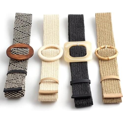 New Vintage Stripe Braided Waist Belt Solid Round Wooden Buckle Waistband Fake Knit Straw Wide Belts for Women Dress Accesorios
