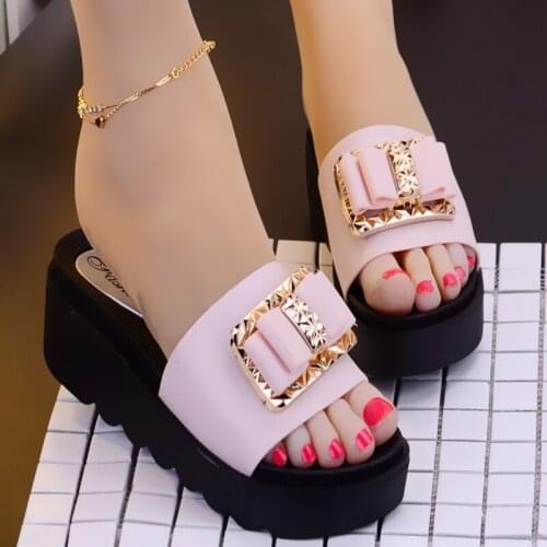 Summer fashion metal buckle bow high heels slippers outdoor thick bottom wedge beach sandals sandalias womens sandals 2021