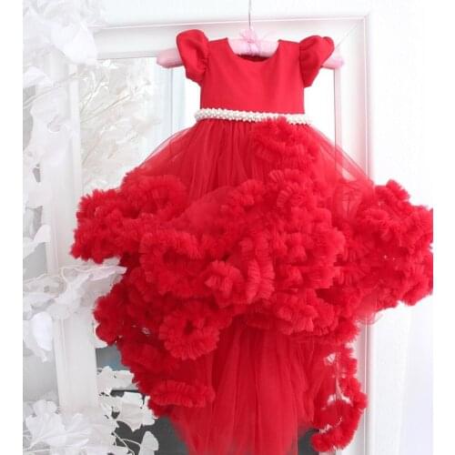 Customized Red Cloud Tulle High Low Flower Girl Dresses Kids Pageant Gowns Children Birthday Party Prom Dresses