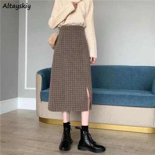 Spring Skirts Womens All-match Simple Plaid Soft Vintage Fit Korean Style Mid-calf Fashion Leisure Empire Daily Lady Chic A-Line