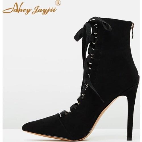 Rome Women Shoes Adult Ladies Boots Black Solid Ankle Zipper Lace-Up Cross-tied Super High Thin heel Pointed Toe Fashion Mature