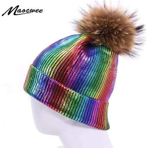 Knitted Bronzing Gold Silver Beanie Cap Pompom Winter Hats For Women Real Natural Fur Pom Pom Ball Ladies Girls Warm Skullies