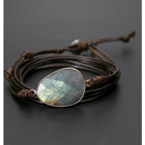 Natural Labradorite Stone Charm Rope Wrap Bracelet Boho Long Friendship Moonstone Bohemian Bracelet Unique Handmade Dropshipping