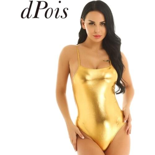 Women One Piece Shiny Matallic Swimsuit Spaghetti Straps Back Hollow Out High Cut Teddy Bodysuit Beach Swimwear Summer Swim Suit