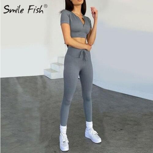 Female Lace Up Tracksuit Women Two Piece Set Long Sleeve Zip Crop Top Legging Pants Ribbed Athletic Sport Fitness Outfits G2526