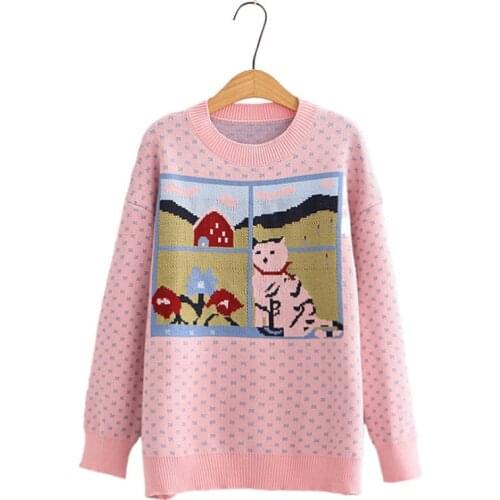 Women Sweaters Pink Cartoon Cat Embroidery Korean Knit Pullover Sweater 2020 Winter Long Sleeve O-neck Harakuju Ladies Cute Top