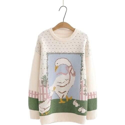 Cartoon Goose Embroidery Harakuju Knit Pullover Sweaters Women 2021 Winter Long Sleeve O-neck Ladies Kawaii Cute Warm Jumpers