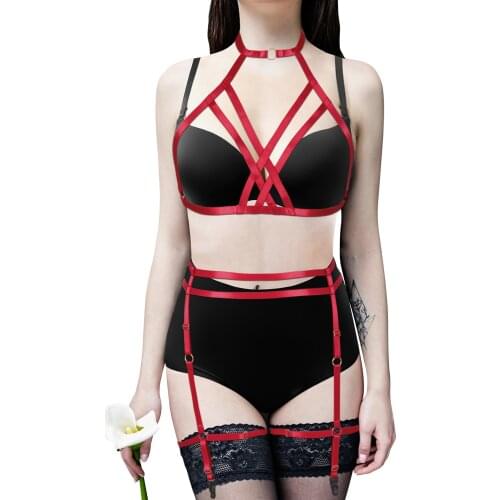 Women Harness Suspender Bdsm Lingerie Sexy Cage Bra Crop Tops Buttocks Leg Bondage Garter Belt Party Rave Festival 2 Pcs Sets