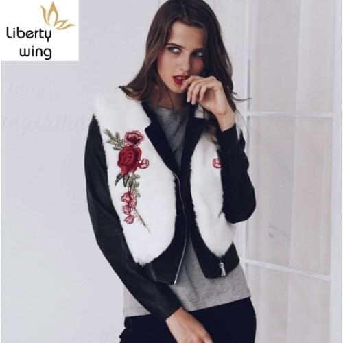Embroidery Flower Womens Coat Short Autumn Winter 2020 Faux Jacket Women Vintage Artificial Fur Vest Plus Size 4XL