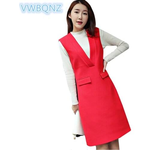 Fashion brand sleeveless womens woolen dress elegant temperament slim autumn winter vest dress Black V-neck Dress Plus size 4XL