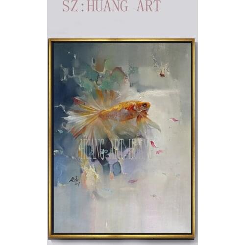 100% Handmade Abstract Animal Impressionist Gold Fish Oil Painting Canvas Pictures Wall Art iving Room Home Wall Decor No Frame