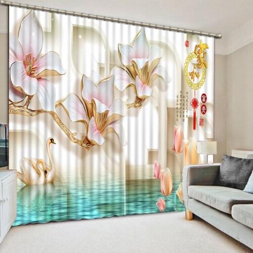 3D Curtain Fashion Customized Curtain Embossed flower Swan Curtains For Bedroom Blackout Shade Window Curtains