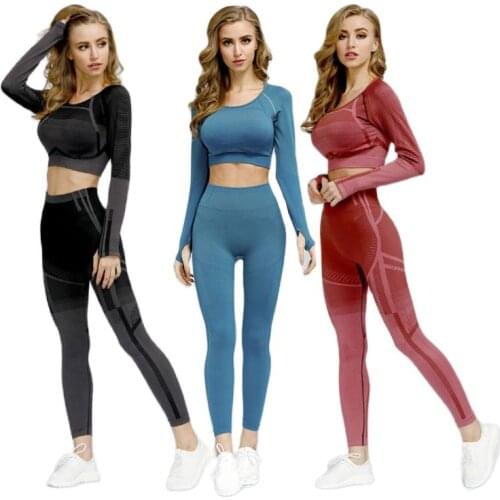 2021 Seamless Pants Leggings 2 Pieces Set Yoga Clothing Back Cut-out Long Sleeve Top Women T-shirt Activewear Sportswear Outfit