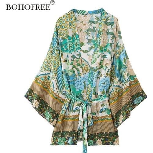Rayon Cotton Blusas Female Green Peacock Short Kimono Robes Cover Up Capes Sashes Casual Blouse Womens Shirts Boho