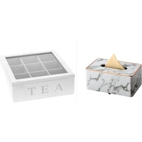 Wood Tea Box Storage Container with Lid 9-Compartment & Marble Phnom Penh Tissue Box Desktop Toilet Napkin Tissue Holder