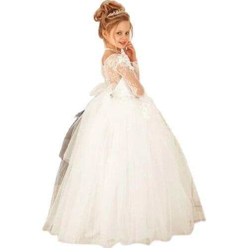 Ivory Lace Flower Girl Dresses Long Sleeve Princess Dress Tulle Net Bow Kids Communion Dresses Bow Net Girl Birthday Party Dress