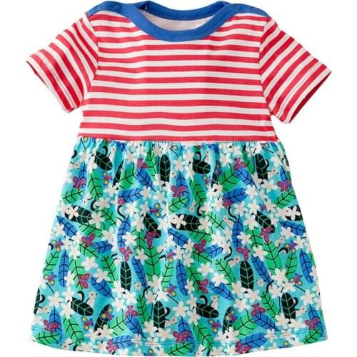 Little Maven New Summer Kids Clothing Red Striped Short-Sleeved Printed Patchwork O-neck Knitted 1-6yrs Cotton Girls Dresses
