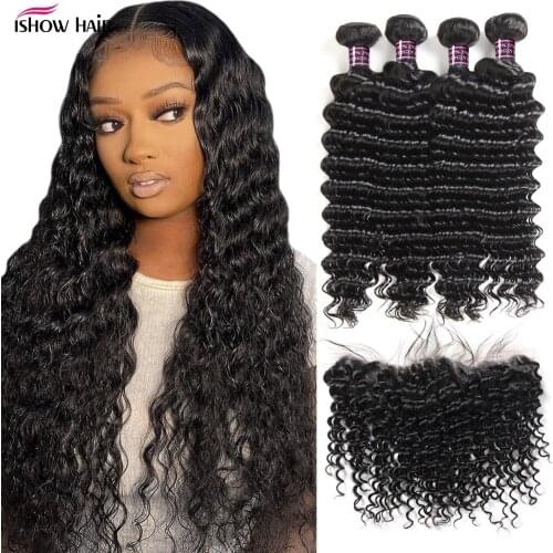 Ishow Hair Indian Deep Wave Hair Weave Bundles With Lace Frontal Closure Non Remy Human Hair 4 Bundles With Lace Frontal