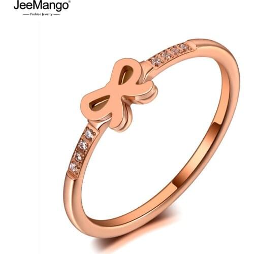 JeeMango Original Design Titanium Stainless Steel Bowknot Ring Jewelry Rose Gold Mosaic CZ Crystal Party Rings For Girls JR19149