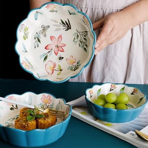 Japanese Style Hand Painted Ceramic Fruit Salad Dessert Bowl Creative Porcelain Breakfast Rice Bowl Kitchen Tableware for Kids