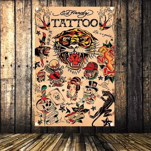 Creative Tattoo Poster Wall Art High Quality Canvas Painting Four holes Flag Banner Tapestry Wall Hanging Mural Home Decoration