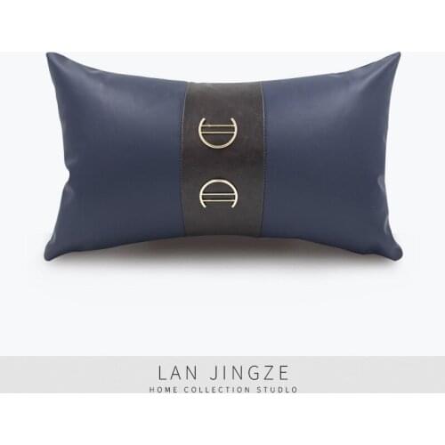 LAN JINGZE Blue PU Leather Cushion Cover Home Decorative For Living Room Nordic Waist Pilloecase Throw Pillowcover 30cmx50cm