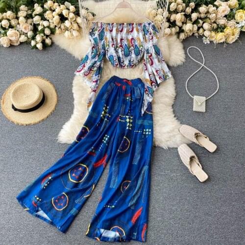 Fresh Holiday Style Slash Neck Flare Sleeve Short Top and Floral Prints Wide Leg Pants One Set Women Casual Sets
