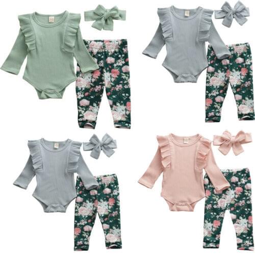 Citgeett Spring Fall Autumn Newborn Baby Girls Clothes Tops Solid Romper Floral Pants Headband Outfit Spring Set