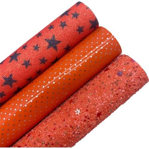 Orange Chunky Glitter Leather Matching with Gold Dots Embossed Synthetic Leather Stars Printed Glitter Stars Vinly 21X29CM6S117B