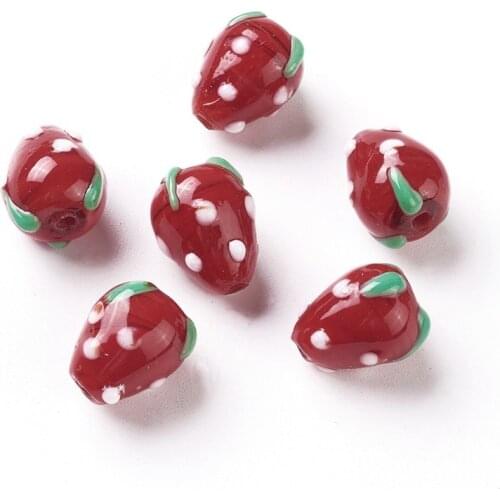 PandaHall Red Strawberry Handmade Lampwork Beads for jewelry DIY making necklace,12~13x17~18mm, Hole: 2mm; about 12pcs/box F70