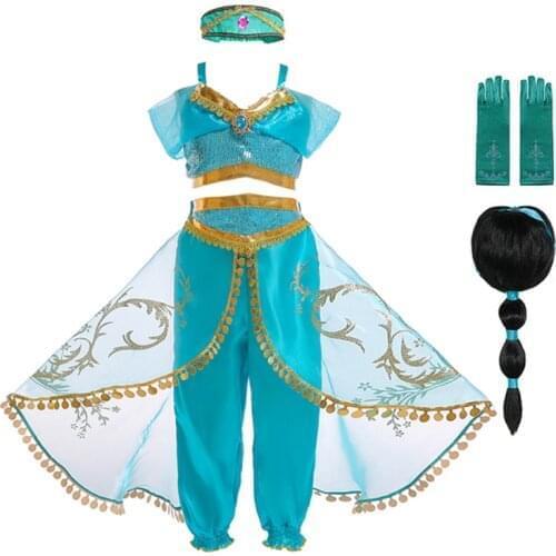 Arabian Princess Girls Dresses For Girls Jasmine Cosplay Dress up Kids Halloween Fantasy Top Pants Costume Jasmine Cosplay Wigs