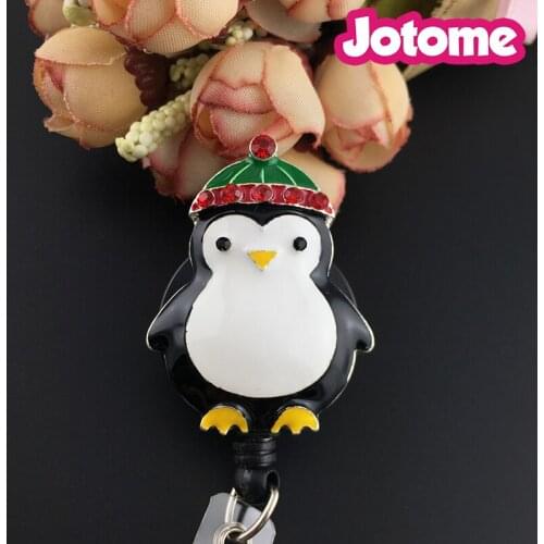 Christmas Chubby Penguin Rhinestone Nurse retractable ID card badge holder