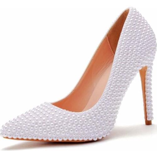 Handmade white pearl wedding shoes new 11 cm stiletto high heels shallow mouth pointed toe banquet wedding bridesmaid shoes