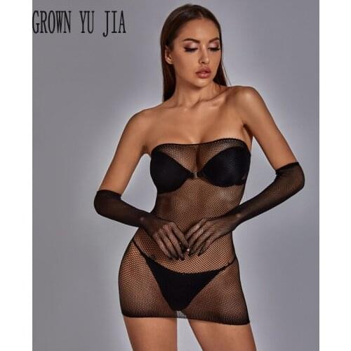 Sexy Fishnet Hollow Lingerie Dress Hot Babydoll Erotic Perspective Bodysuit Body Femme Erotique Bustier Mesh Glove Skirt Catsuit