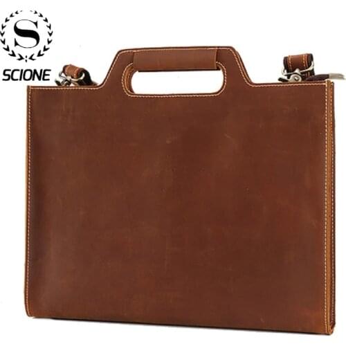 Scione Mens Genuine Leather Briefcase Women Solid Vintage Handbag for 13 inch Laptop Shoulder Business Bag Husband Chain K116